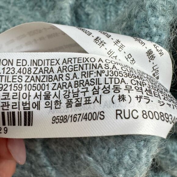 Zara Alpaca Blend Blue Ruffle Button Front Knit Puff Sleeve Sweater Size Small - Picture 9 of 9